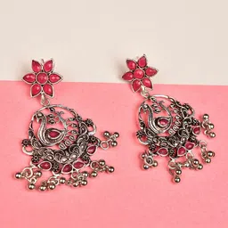 Indi INSIDE Silver Plated & Pink Oxidised Peacock Shaped Drop Earrings-picture-33