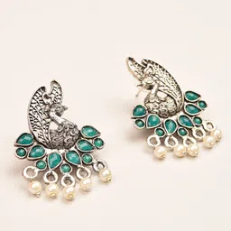 Indi INSIDE Green & Silver Plated Oxidised Paisley Shaped Drop Earrings-picture-30