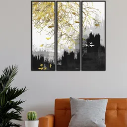 999Store Set Of 3 Golden Tree With Birds Framed Wall Art Paintings-picture-20