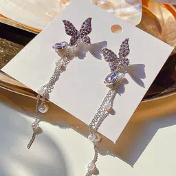 FIMBUL Silver-Plated Butterfly Shaped Rhinestone Studded Drop Earrings-image-18