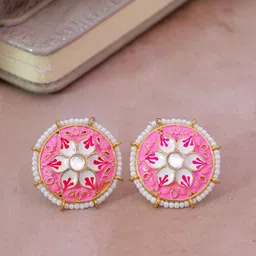 Crunchy Fashion Pink & White Gold-Plated Pearls Meenakari Circular Studs Earrings-picture-17