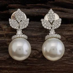 Kushal's Fashion Jewellery Rhodium Plated CZ Studded & Pearls Beaded Drop Earrings image 1