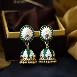 Bellofox Green & White Contemporary Meenakari Jhumkas Earrings image 3
