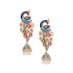 PANASH Gold- Plated Artificial Stones Studded And Beaded Peacock Shaped Drop Earrings image 2