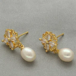 sri jagdamba pearls dealer Sri Jagdamba Gold-Plated Pearls Studded Floral Shaped Drop Earrings image 3