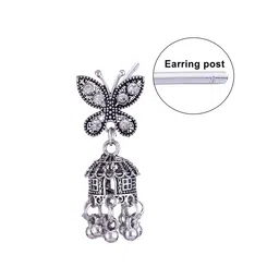 MEENAZ Set Of 3 Silver-Plated Stainless Steel Studded & Beaded Peacock Shaped Jhumkas image 3