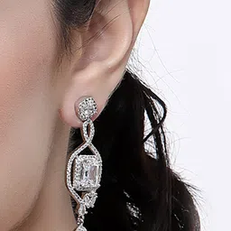 DressBerry White Rhodium-Plated AD Studded Drop Earrings image 4
