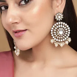 Rubans Gold-Toned & White Pearl Circular Drop Earrings image 1