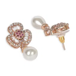 ZINU Rose Gold-Plated White & Pink Floral Drop Earrings image 3