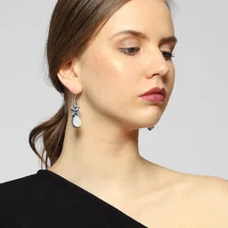 VENI Women Silver-Toned White Stone Oval Drop Earrings image 4
