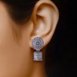 MEENAZ Set Of 4 Silver-Plated Stainless Steel Oxidised Peacock Shaped Jhumkas image 4