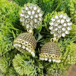 JMBW INTERNATIONAL Gold Plated Kundan Studded Floral Jhumkas image 2