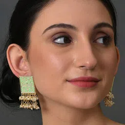 SOHI Gold-Plated Green & White Square Drop Earrings image 4