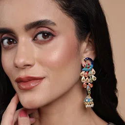 PANASH Gold- Plated Artificial Stones Studded And Beaded Peacock Shaped Drop Earrings image 4