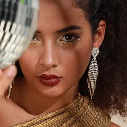 SOHI Gold-Plated Stone-Studded Contemporary Drop Earrings image 3