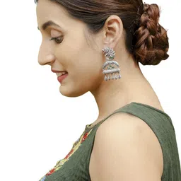 Shining Jewel - By Shivansh Silver Plated Oxidised Cubic Zirconia Studed Drop Earrings image 4