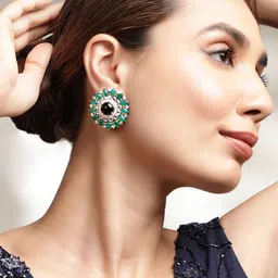 Rubans Premium Rhodium Plated Black & Green Gemstone and CZ Studded Sunflower Stud Earrings-picture-35