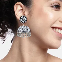 PRIVIU Set of 2 Silver-Plated Alloy Dome Shaped Artificial Stones & Beads Jhumkas image 3