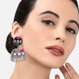 PRIVIU Set of 2 Silver-Plated Alloy Dome Shaped Artificial Stones and Beads Jhumkas image 5
