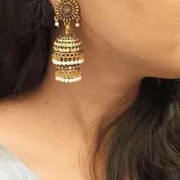 Efulgenz Gold-Plated Beaded Antique Jhumkas image 5