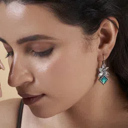 TEEJH Aradhana Silver-Plated Diamond Shaped Oxidised Drop Earrings image 4