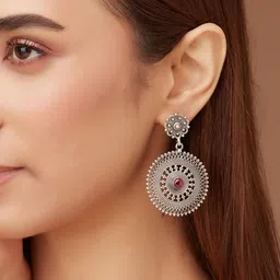 Fabindia Silver Plated Artificial Stones Studded Oxidised Contemporary Drop Earrings image 4