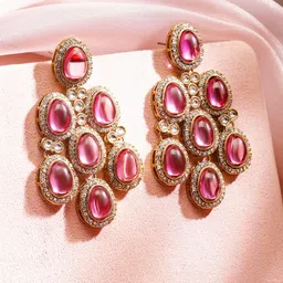 rubans 22K Gold-Plated Rose Pink Oval Stone & Cubic Zirconia Studded Chandelier Brass Chandbali Earring image 2