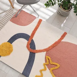 URBAN SPACE Beige & Red Tufted Pure Cotton Anti-Skid Rectangular Carpet image 1