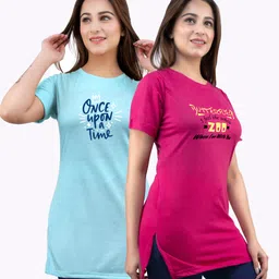 urbe Pack of 2 Women Printed Round Neck Cotton Blend Pink T-Shirt-picture-21
