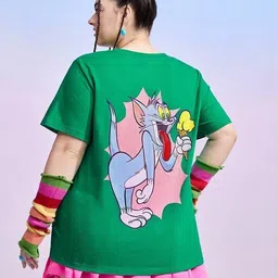 tom and jerry by dreambe Women Printed Round Neck Cotton Blend Dark Green T-Shirt image 1