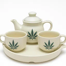 merakiware Pack of 4 Ceramic Tea Set With Two Cups One Kettle & Tray White Marble With Leaf Painting-picture-16