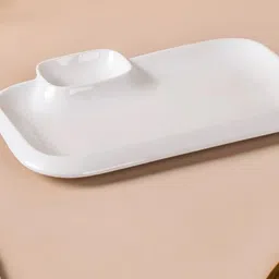 indusbay 12 Inch Multipurpose Snack Rectangular Ceramic Serving Plate with Dip Bowl Chip & Dip Tray image 3