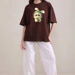 ekeniya Women Printed Round Neck Pure Cotton Brown T-Shirt image 1