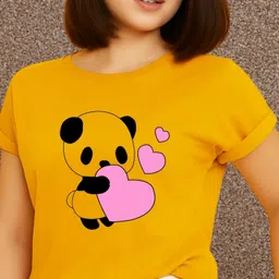 kasendra Women Printed Round Neck Polyester Yellow T-Shirt image 3