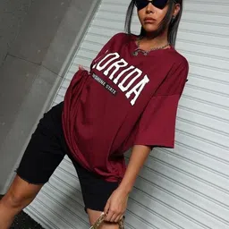 christy world Women Graphic Print Round Neck Pure Cotton Maroon T-Shirt image 3