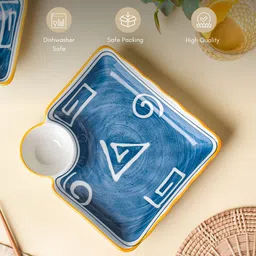 nestasia White And Blue Spiral Nitori Ceramic Set of 2 Square Plate with Dip Section, Chip & Dip Tray image 5