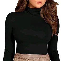 Women Solid High Neck Cotton Blend Black T-Shirt-image-10