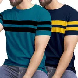 r ridachy Pack of 2 Men Striped Round Neck Cotton Blend Dark Green T-Shirt-picture-23