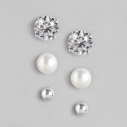 Carlton London 925 Sterling Silver Set of 3 RhodiumPlated with Zirconia-Pearl Stud Earring image 2