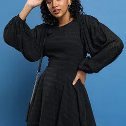 Tokyo Talkies Black Self Design Round Neck Puff Sleeve Fit & Flare Dress-picture-32