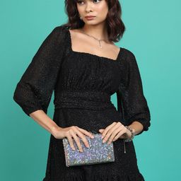 Tokyo Talkies Black Self Design Square Neck Puff Sleeves Mini Fit & Flare Dress-picture-43