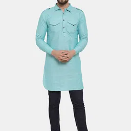 Enchanted Drapes Men Blue Pure Cotton Pathani Kurta-picture-18