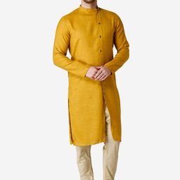 TABARD Men Yellow Solid Side Button Placket Band Collar Cotton Kurta-picture-29
