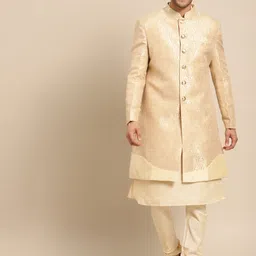 KISAH Men Beige Woven Design Cotton Sherwani Set image 4