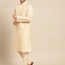 KISAH Men Beige Woven Design Cotton Sherwani Set image 2