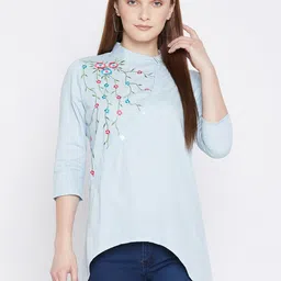 Ruhaans Blue & White Striped Embroidered High-Low Tunic-picture-11