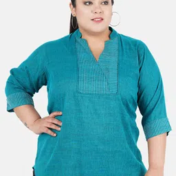 Indietoga Green Yoke Design Mandarin Collar Plus Size Cotton Linen Tunic-image-15