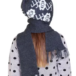 Gajraj Self Design Woolen Beanie With Attached Muffler image 2