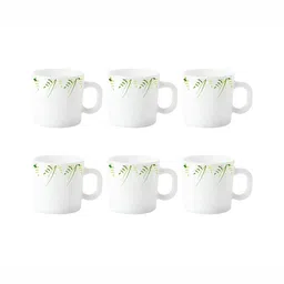 Larah by BOROSIL White & Green Printed Opalware Glossy Cups 100 ml image 1