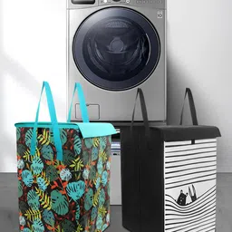prettykrafts Set Of 2 Green & Black Printed Foldable Laundry Basket With Lid-image-81